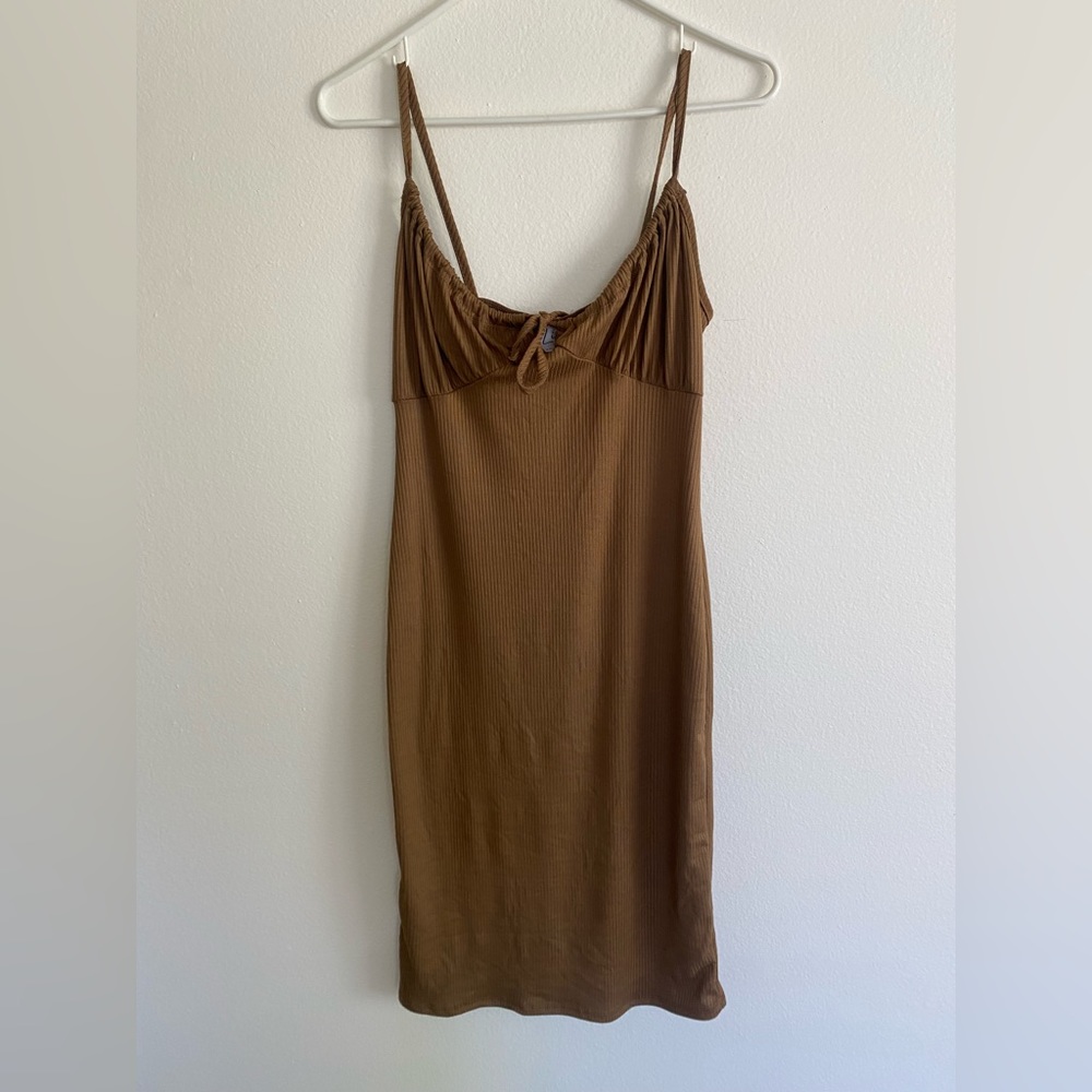 Thrifted Brown Ribbed Midi Dress with Tie Detail